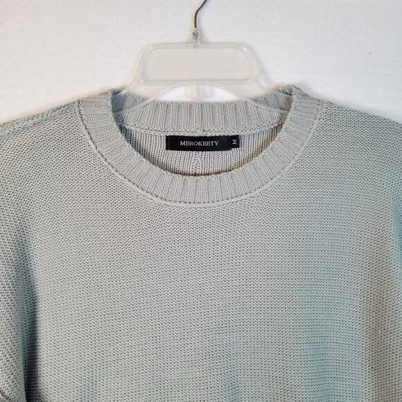 Merokeety Womens Crew Neck Knit Side Slit Sweater Size Medium Blue Fall Cozy - Picture 2 of 8